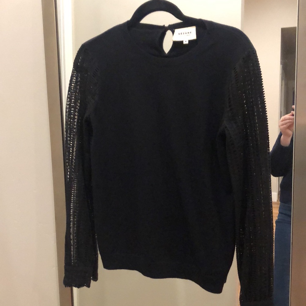 Sezane Merino Wool Cotton Blend sweater with lace crochet sleeves size Small